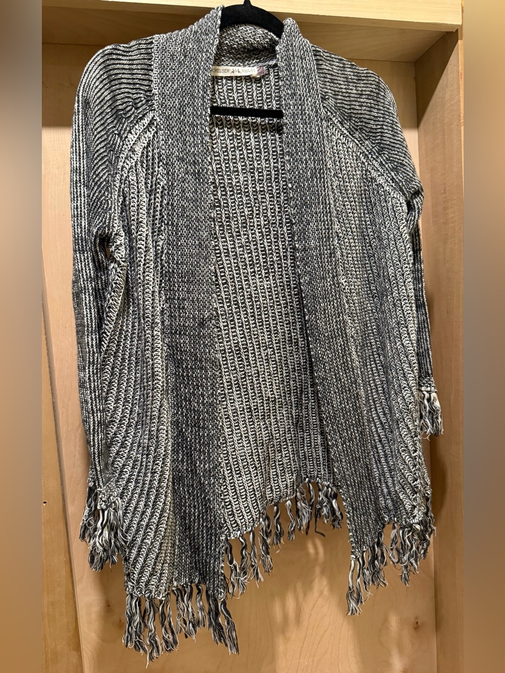 Chelsea & Violet Black and White Marled Fringe Cardigan